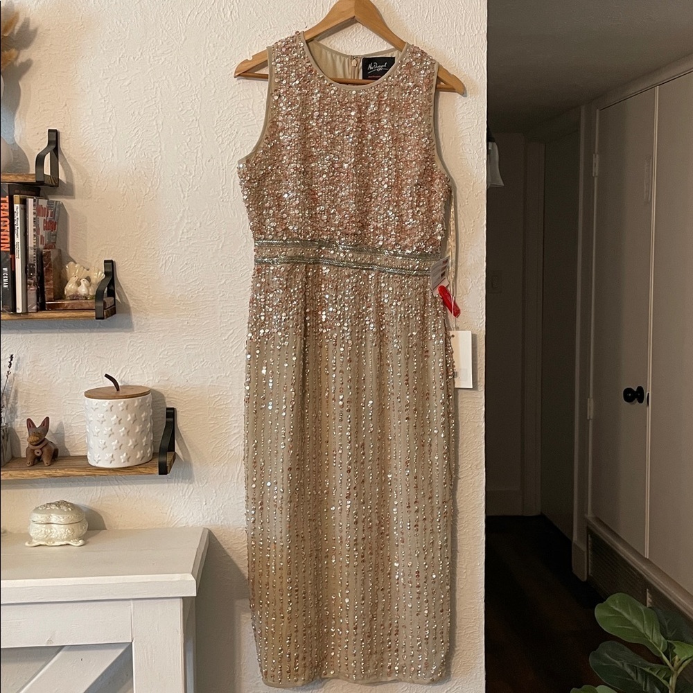 NWT Mac Duggal Sleeveless High Neck Beaded Midi Sheath Dress - Picture 7 of 13